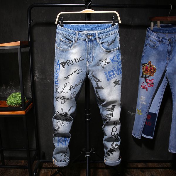 

2019 new designer mens jeans fashion printed long pants blue denim skinny jeans casual elastic men pants clothes