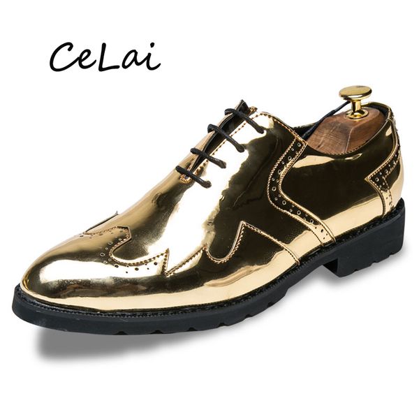 

celai men pionted toe patent leather shoes gold black dress wedding shoes 2019 new male flat oxfords for suits party a-077