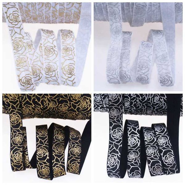 

5/8" gold foil and silver foil valentine rose foe fold over elastic for hair ties headband accessories welcome custom printed, Slivery;white