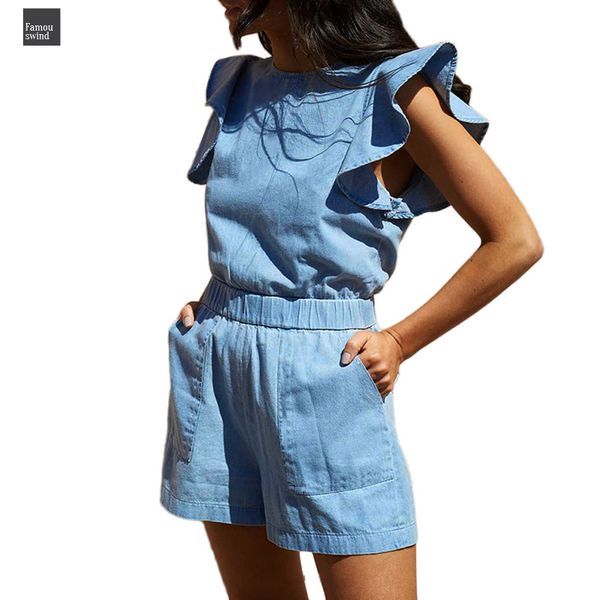 

romper summer women playsuit ruffles pockets sleeveless women denim playsuit clubwear shorts jumpsuit 2019 drop shipping, Black;white