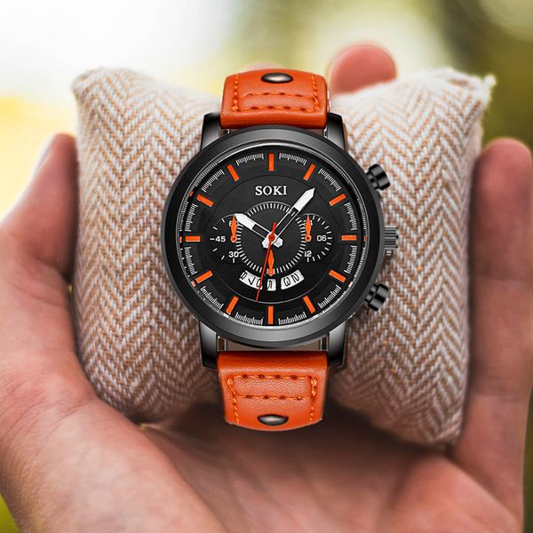 

luxury men's casual watch leather calendar precision scale large dial simple retro men's sports watch reloj hombre, Slivery;brown