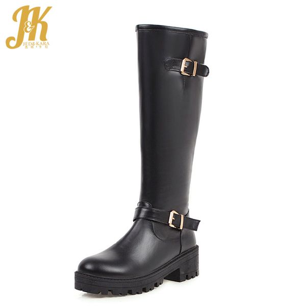 

jk motorcycle boots women platform knee high boot ladies round toe shoes female thick heels shoes winter 2020 big size 46, Black