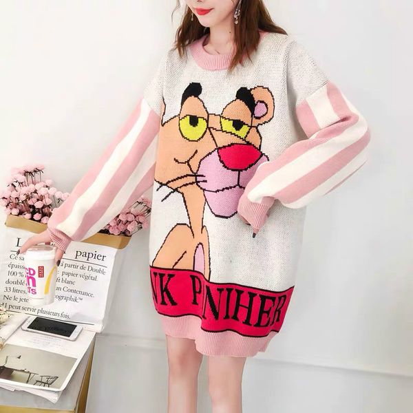 

sweater women plus size knitted cartoon oversized 3xl pullovers pink panther leopard oversized harajuku long sleeve jumper m009, White;black