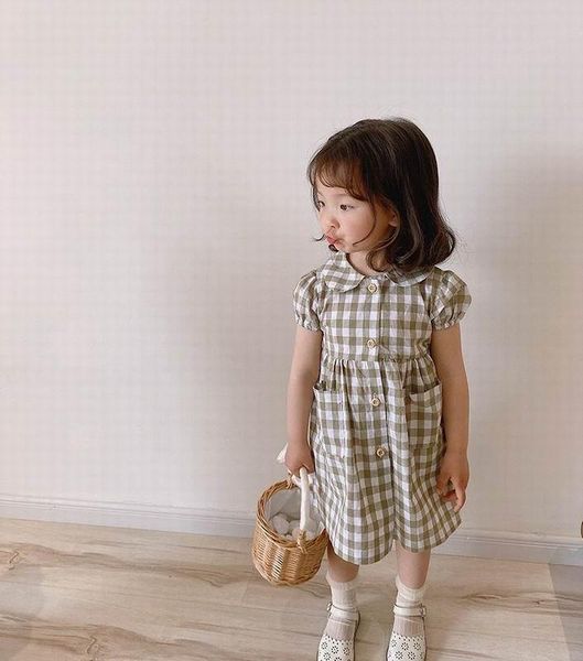 

wholesale girl plaid dress 2020 summer new korean children peter pan collar cotton short sleeve dress e20023, Red;yellow