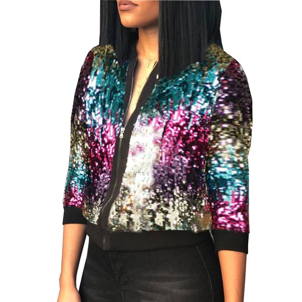 

2019 autumn winter sequin jacket womens sparkly bomber jacket three quater sleeve zipper glitter streetwear fashion jackets coat, Black;brown