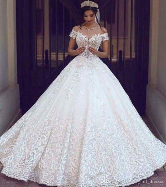 

a line wedding dresses off shoulder lace applique cathedral train luxury wedding gowns wedding party custom madee dh4115, White