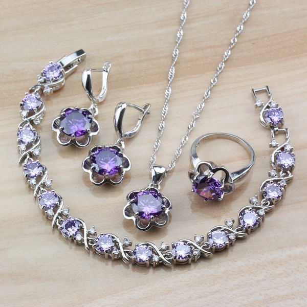 

925 silver bridal jewelry sets purple cubic zirconia dangle earrings/necklace/bracelet/ring for women trendy costume trinket, Slivery;golden