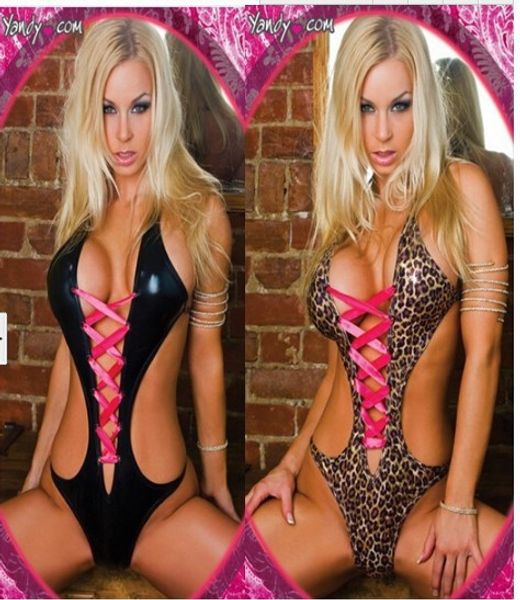 

lingerie lacquer leather leopard print european and american lingerie, Red;black