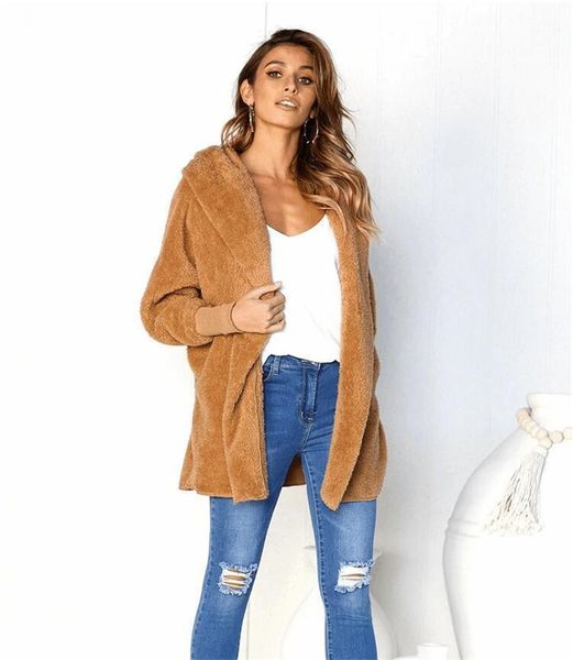 

echoine women faux fur teddy solid coats open-front highstreet lady winter elegant outerwear cardigan longline minimalist jacket, Black;brown