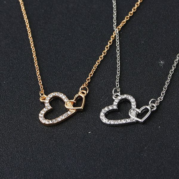 

new fashion women girl love necklaces valentine's day wedding jewelry double heart pendant necklace ing, Silver