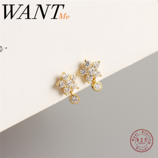 

wantme fashion mini small snowflake round zircon stud earrings for women genuine 925 sterling silver youth birthday jewelry gift, Golden;silver