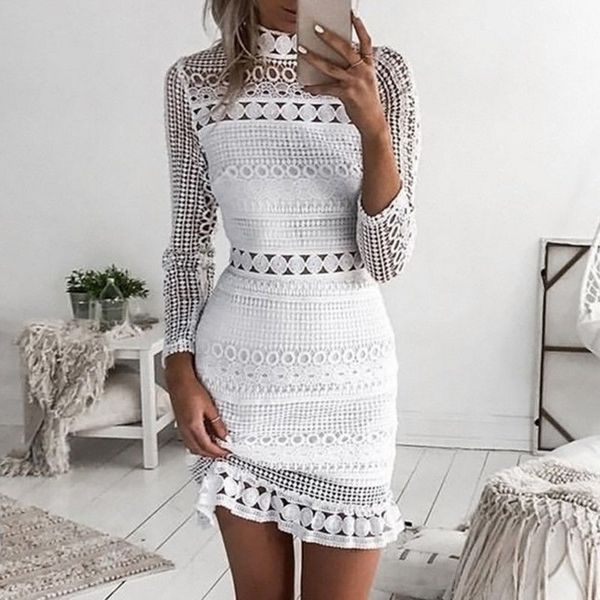 

summer hollow out lace dress women lady robe long sleeve slim bodycon white dresses 2019 short elegant party dress vestido, Black;gray