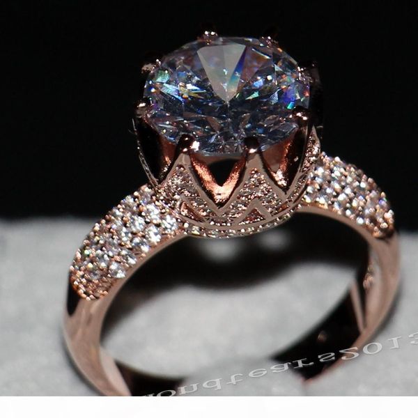 

виктория вику роскошные ювелирные изделия 8ct solitaire 11мм белый сапфир сымитированный алмаз обручальное розовое золото корона ленточнопил, Silver