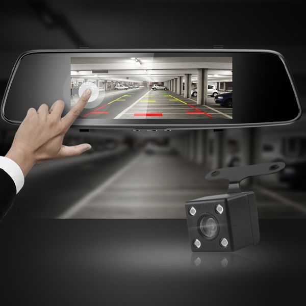 

car dvr dash cam 7 inch rearview mirror night vision touch screen backup cameras dual channel with rear view reversing camera