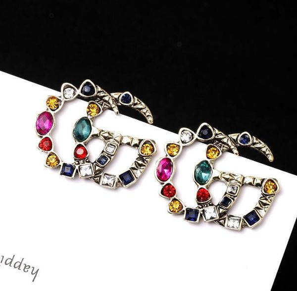 

vintage jewelry luxury letters stud earrings colorful rhinestone 925 silver stud earrings for women, Black;white