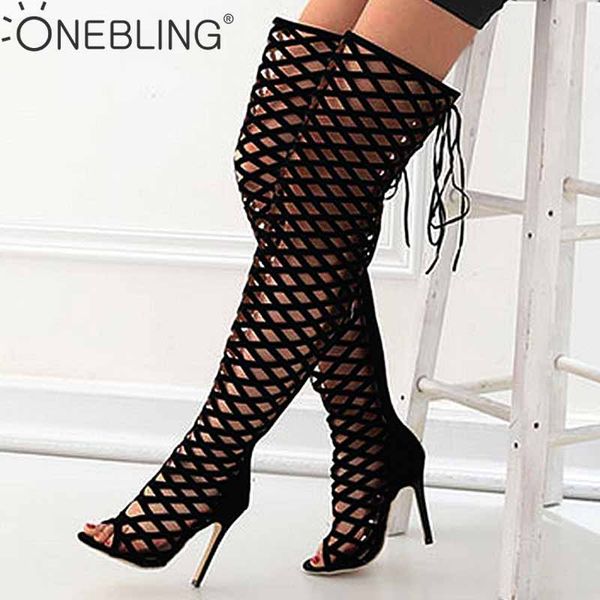 

onebling 2019 fashion runway hollow women boots zipper peep toe over-the-knee thin high heels thigh high boots women botas mujer, Black