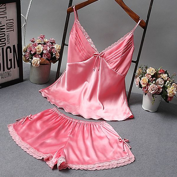 

2pcs/set imitation silk lace bow pajamas women casual deep v-neck nightgown home camisole & shorts sets, Blue;gray