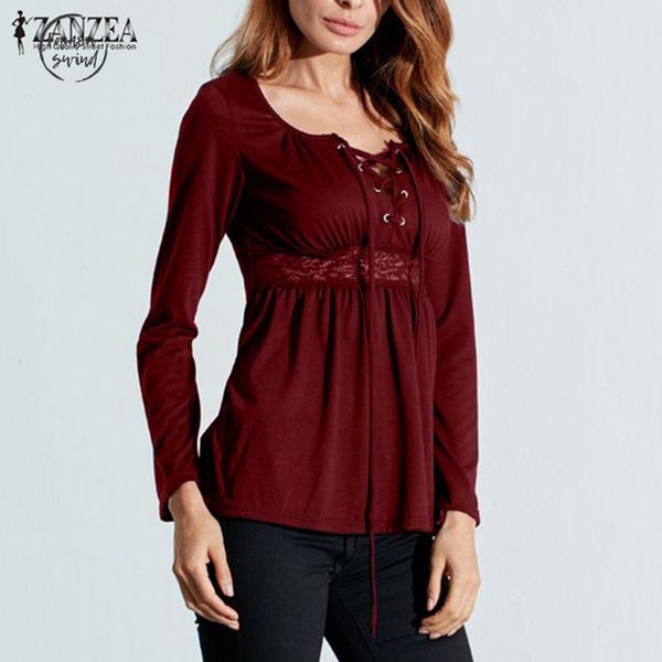 

2019 осень sexy блуза v шеи длинным рукавом кружева сращивания твердая blusas рубашка плюс размер повседневные блузы крупногабаритные zanzea, White