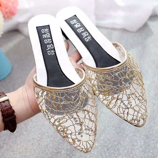 

weibate fashion lace pointed toe flat slides 2020 closed toe mules shoes women slippers outside sandals summer shoes woman, Black