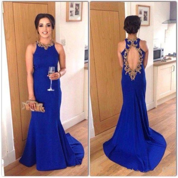 

royal blue mermaid prom dresses 2019 new gold beaded back sheer crew neck sleeveless long evening dress vestido de festa, Black;red