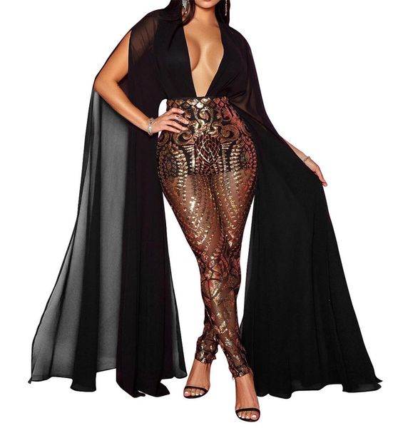 

celebrity elegant sequin jumpsuit women deep v-neck patchwork long sleeve mesh sheer romper club sparkly overalls, Black;white