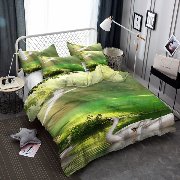 White Swans In Green Forest Pattern 3d Lifelike Bedding Set Print