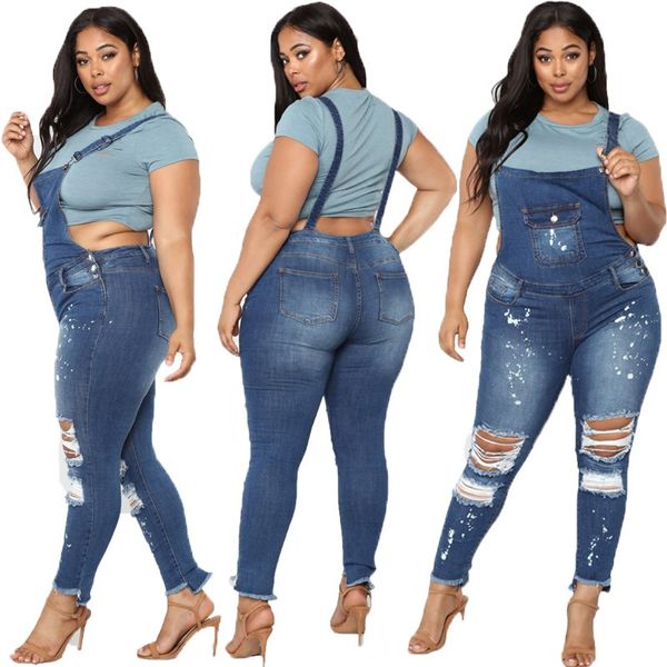 

2019 summer fashion women hole bib overall ripped jumpsuits plus size jeans bodysuits casual solid denim long rompers, Black;white