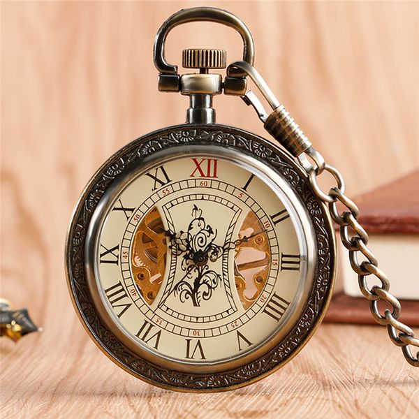 

bronze antique men's mechanical pocket watch skeleton hand winding clock retro timepiece with pendant chain roman numeral souvenir gift, Slivery;golden
