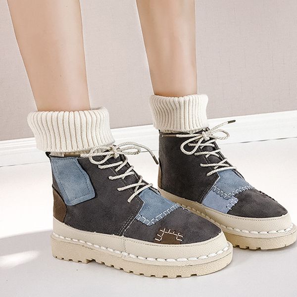 

women boots 2019 flock platform boots women lace-up non-slip ankle warm winter shoes, Black
