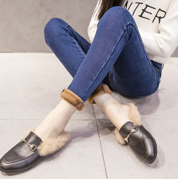 

women's jeans female style plus velvet high waist korean version of the slim was thin wild tight nine feet, Blue