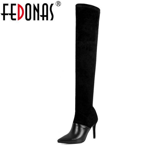 

fedonas 1new women over the knee boots autumn winter warm genuine leather high heels shoes party prom quality shoes woman, Black