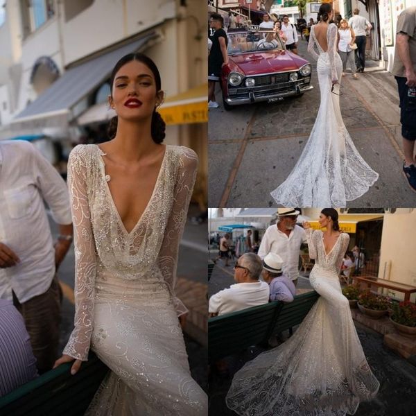 

inbal dror 2020 wedding dress v neck sequined lace mermaid bridal gowns long sleeves backless beach wedding dress custom, White