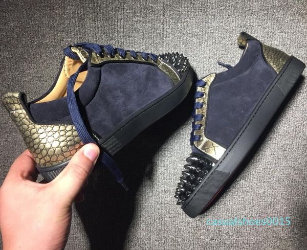 

20 new brand designer mens red bottoms shoes studded spikes low flats casual sneakers for mens wedding party dress leather c15, Black