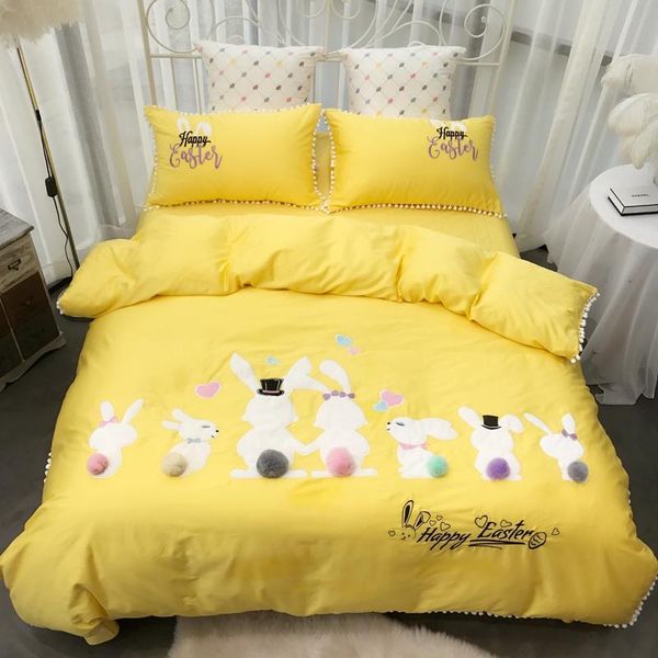 Rubbit Cute Girls Bedding Set Pink Yellow Bed Cover Queen King