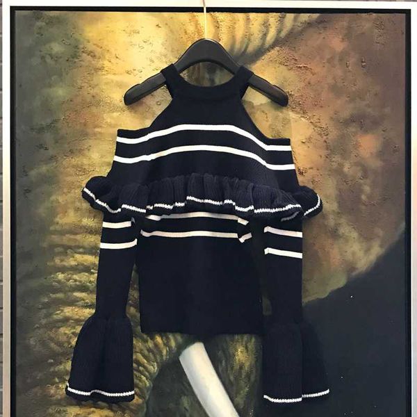 

halter ruffles knitted sweater women stripes flare sleeve autumn pullover jumper 2019 slim harajuku casual basic sweater, White;black