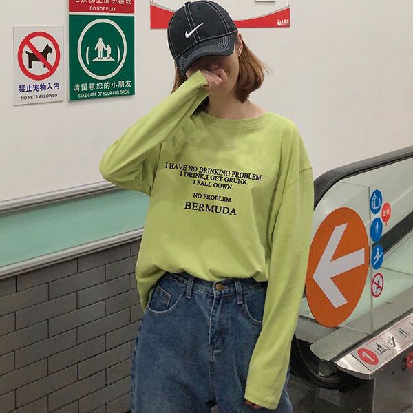 

4704 p shoot # self-supply of goods stable harajuku wind avocado green long-sleeved t-shirt women's outer wear base shirt wo, White;black