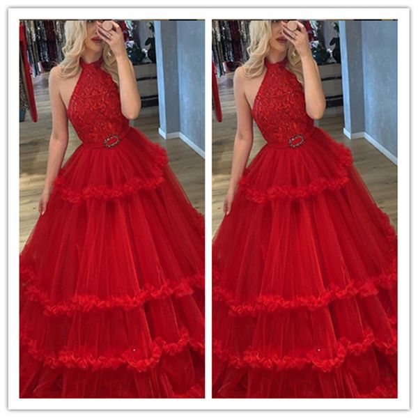 

halter prom dresses modest lace appliqued evening dress party pageant gowns special occasion dress with belt dubai robes de soire, Black;red