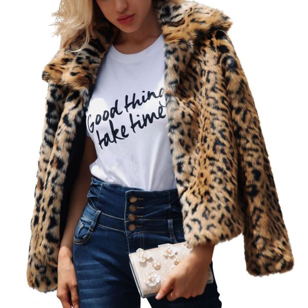 

leopard print jacket fashion european faux fur lapel winter coat jaket women clothes new long sleeve outerwear b139, Black