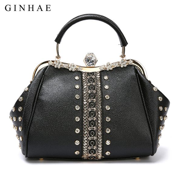 

luxury diamond rivets women handbag litchi leather shoulder bag crossbody bags for women large capacity black totes