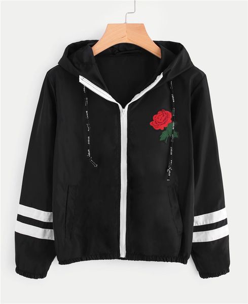 

women contrast ribbons trim zip up hooded jacket striped patched sleeve girl coat outwear windbreaker jacket, Black;brown