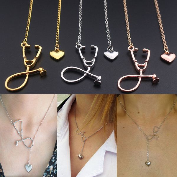 

stethoscope heart charm necklace gold silver rose gold gun black alloy heart pendant women necklaces fashion jewelry