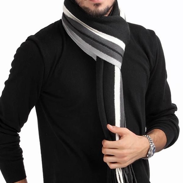 

winter designer scarf men striped cotton scarf male brand shawl wrap knit mens cashmere bufandas striped with tassel, Blue;gray