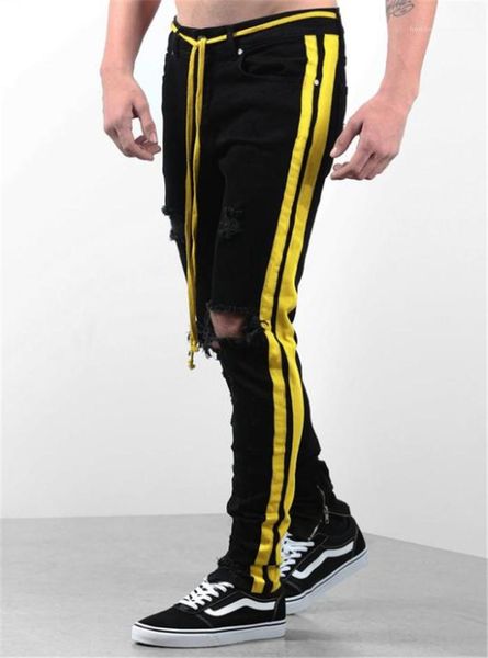 

solid color black hole homme clothing fashion style casual apparel mens fashion designer pencil jeans pants, Blue