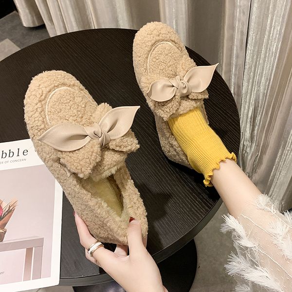 

loafers fur korean shoes round toe bow-knot slip-on clogs platform casual female sneakers women women's moccasins 2019 women's, Black