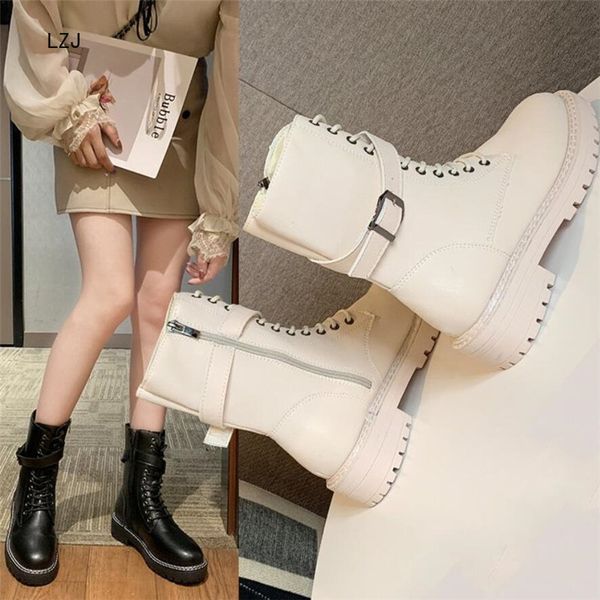 

lzj 2019 women autumn platform mid calf boots female lace up punk motorcycle boot buckle strap zipper ladies low heel shoes, Black