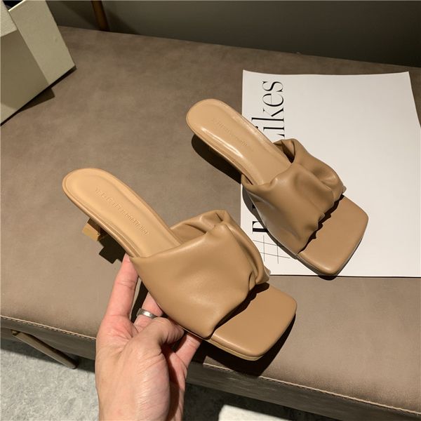 

slippers deat 2021 summer fashion casual solid square toe shallow lace mesh pleated high heels outside women shoes se463, Black