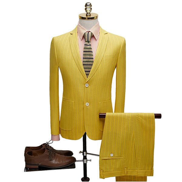 

men's suit spring and autumn new men's suit two-piece (jacket + pants) yellow striped business casual formal, White;black