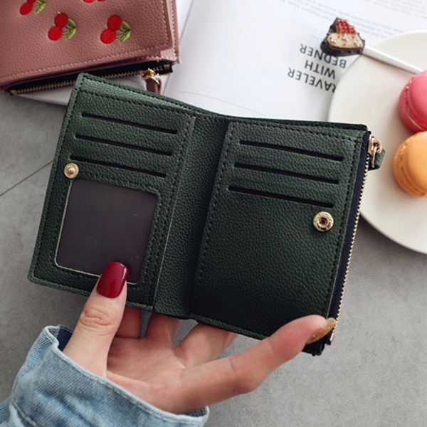 

fashion women short wallet pu leather cherry embroidery coin purse card holders lady girl mini money bag fo sale, Red;black