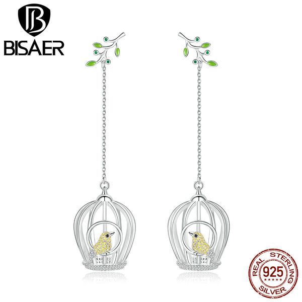 

bisaer bird jewelry silver color bird cage female long chain drop earrings for women luxury fine jewelry ehe003