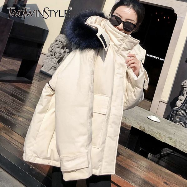 

twotwinstyle patchwork fur casual parkas for women hooded pocket female cotton coat warm thick winter oversized fashion new 2019, Black